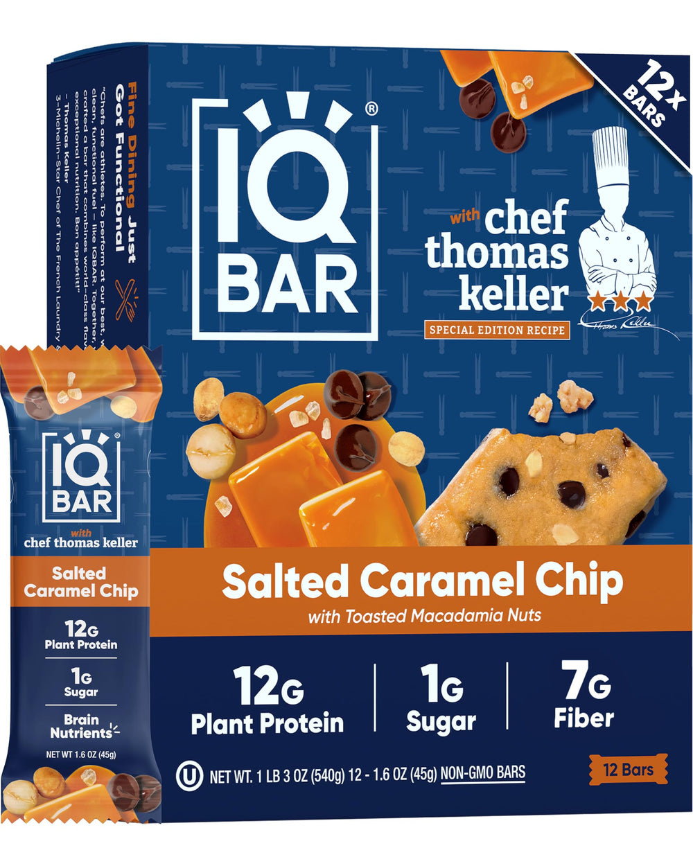 IQBAR empaque frontal Salted Caramel Chip muestran aspecto y beneficio práctico
