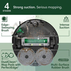 iRobot Roomba AutoWash Dock mostrando vaciado automático y limpieza de mopas