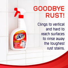 IRON OUT aplicando en ducha para eliminar manchas de óxido, resultados sin frotar
