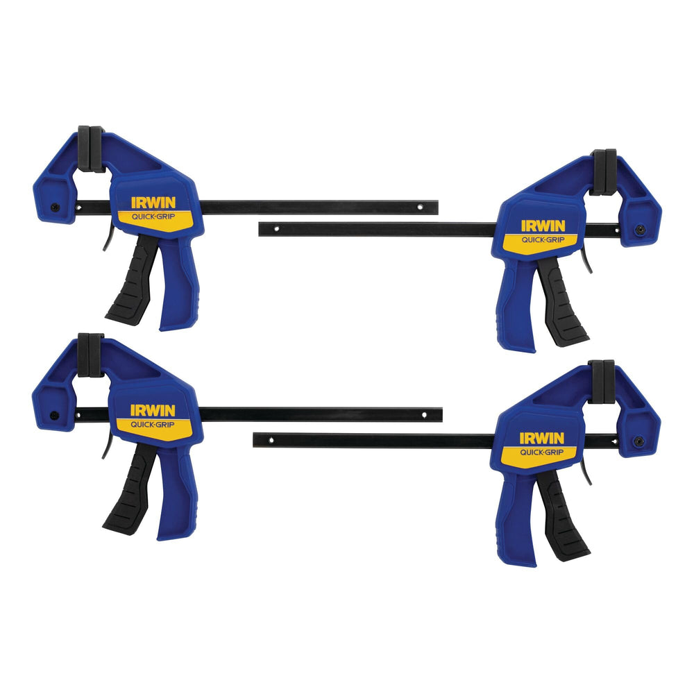 IRWIN Quick-Grip vista frontal del paquete de cuatro mostrando abrazaderas y color azul, utilidad inmediata