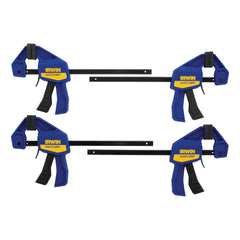 IRWIN Quick-Grip vista frontal del paquete de cuatro mostrando abrazaderas y color azul, utilidad inmediata