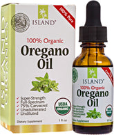 Island Nutrition frasco frontal de aceite de orégano orgánico con cuentagotas beneficios claros