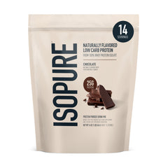 Isopure bolsa frontal sabor chocolate oscuro mostrando diseño y beneficios