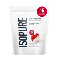 Isopure empaque frontal Fresas & Crema mostrando 25 g proteína y cero carb