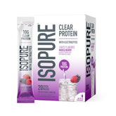 Isopure paquete frontal muestra sobres y beneficio conveniencia