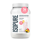 Isopure envase frontal Tropical Punch mostrando diseño y ventaja hidratante