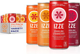 IZZE pack frontal mostrando las cuatro latas y variedad de sabores, ideal para compartir