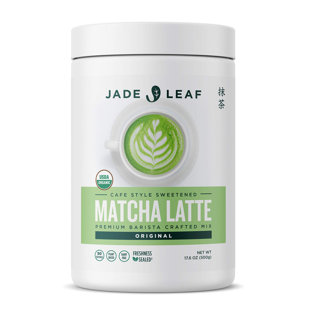 Jade Leaf Matcha tarro frontal mostrando el envase y raciones