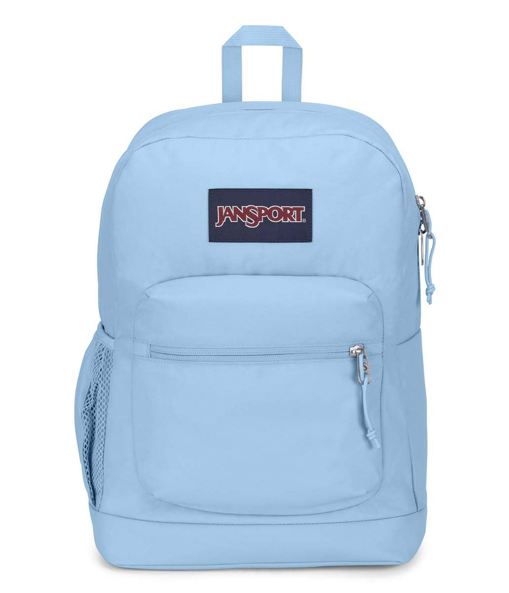 JanSport vista frontal de la mochila Blue Dusk mostrando compartimento principal y cierre, organización inmediata