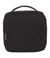 JanSport vista frontal de la Lunch Break negra mostrando su diseño compacto y cremallera