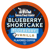 Java Factory front packaging showing blueberry shortcake pods and benefits of seasonal flavor