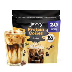 Javvy mostrando el frente del envase con café proteico listo
