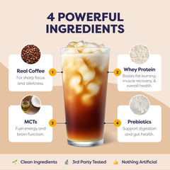 Javvy iced coffee preparado que ilustra cremosidad y energía rápida