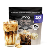 Javvy envase frontal White Chocolate Mocha mostrando diseño y beneficios prácticos