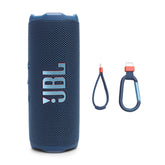 JBL Flip 7 frontal azul mostrando controles y beneficio portabilidad