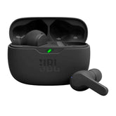 JBL Vibe Beam frontal negro mostrando diseño cerrado y confort