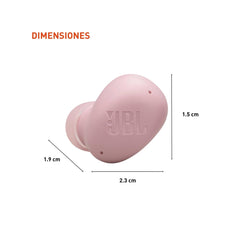JBL Vibe Buds 2 detalle del driver 8mm mostrando potencia de bajos