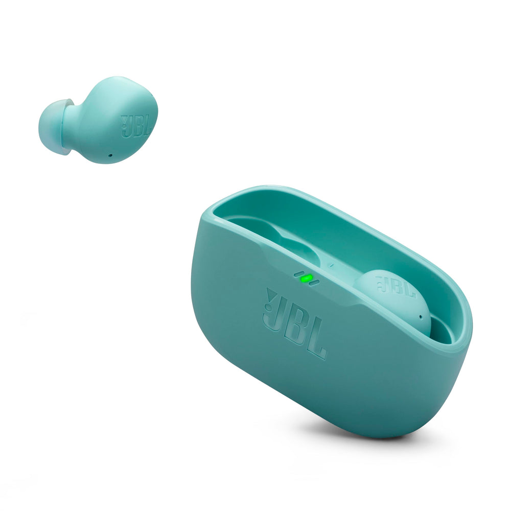 JBL Vibe Buds 2 frontal mostrando diseño compacto y color azul