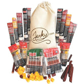 Jerky.com frente del empaque mostrando 26 piezas y bolsa de yute, ideal para regalar