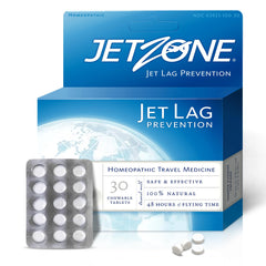 JetZone pack frontal mostrando caja y masticables, práctico para viajar