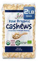 Jiva Organics bolsa frontal mostrando anacardos crudos, conveniente y orgánico