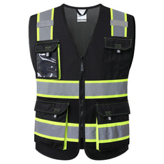 JKSafety chaleco frontal empaquetado mostrando color fluorescente y ajuste, mejora visibilidad