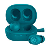 JLab JBuds Mini vista frontal en teal mostrando diseño compacto y puerto de carga