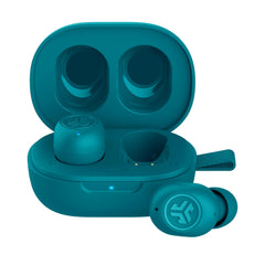 JLab JBuds Mini vista frontal en teal mostrando diseño compacto y puerto de carga