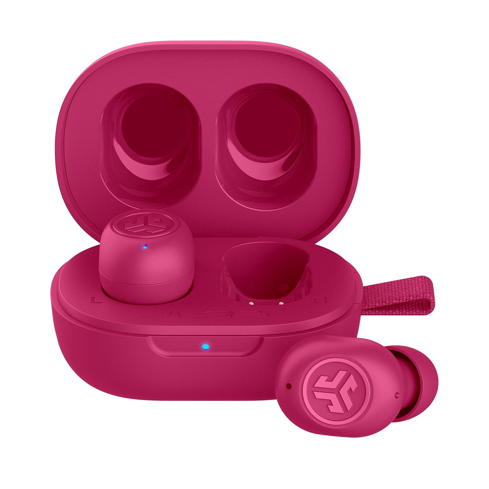 JLab JBuds Mini frontal rosa vivo mostrando diseño compacto y ligero