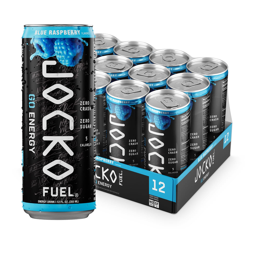 Jocko Fuel lata frontal azul raspberry mostrando diseño y conveniencia