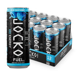 Jocko Fuel lata frontal azul raspberry mostrando diseño y conveniencia