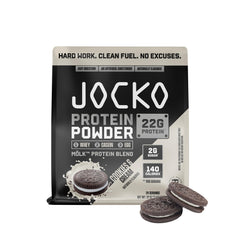 Jocko Fuel envase frontal mostrando etiqueta y sabor cookies & cream, atractivo visual