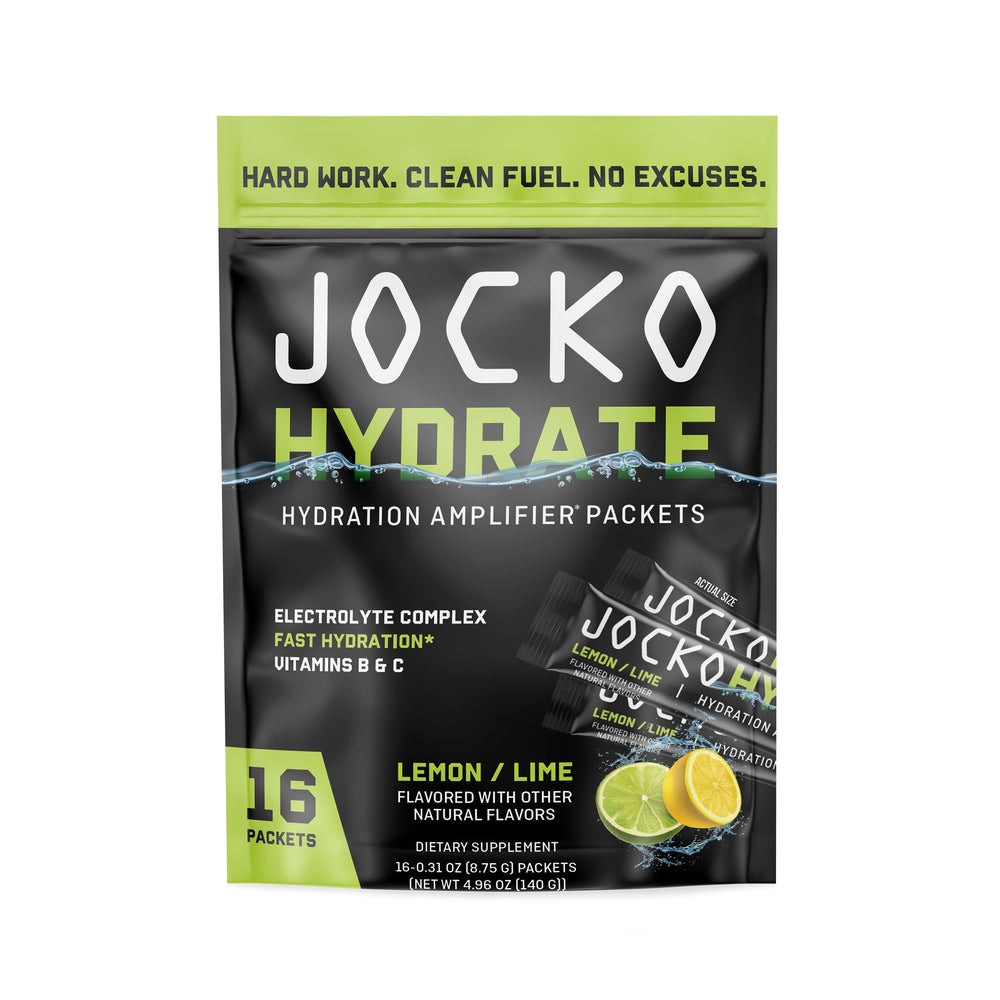 Jocko Fuel frente del empaque mostrando 16 sobres, conveniencia portátil