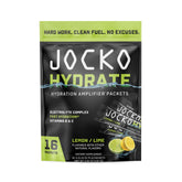 Jocko Fuel frente del empaque mostrando 16 sobres, conveniencia portátil