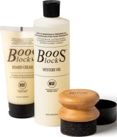 John Boos paquete frontal del set mostrando aceite, crema y aplicador para protección