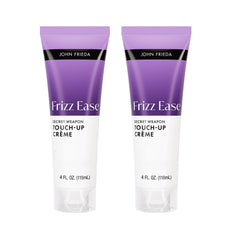 John Frieda envase frontal mostrando control del frizz y producto portátil