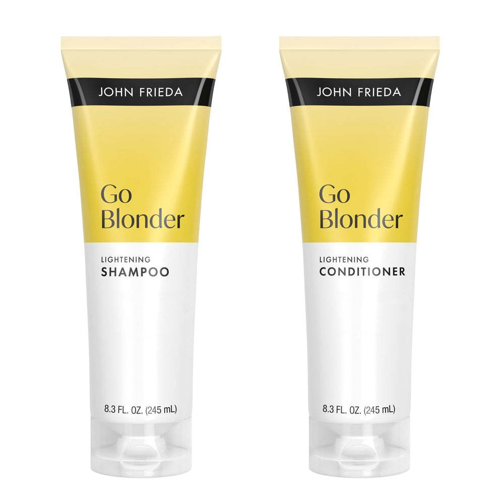 John Frieda pack frontal mostrando champú y acondicionador para rubios brillantes