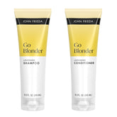 John Frieda pack frontal mostrando champú y acondicionador para rubios brillantes