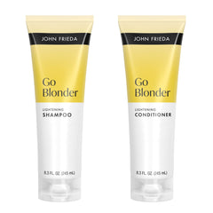 John Frieda pack frontal mostrando champú y acondicionador para rubios brillantes
