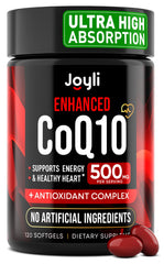 JOYLI coq10 frontal del envase mostrando 120 softgels y beneficios claros