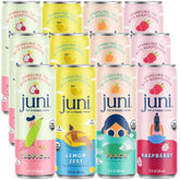 JUNI pack frontal variedad 12 latas mostrando sabores y diseño, ideal para elegir sabor