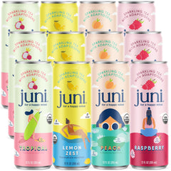 JUNI pack frontal variedad 12 latas mostrando sabores y diseño, ideal para elegir sabor