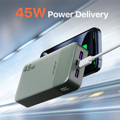 JUOVI detalle de los 2 puertos USB-C y 2 USB-A para carga simultánea