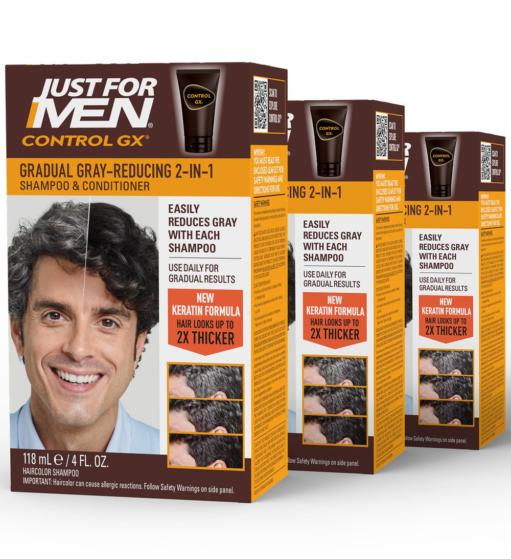 Just for Men Control GX vista frontal del pack de tres, fácil identificación y conveniencia