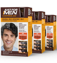 Just for Men Control GX vista frontal del pack de tres, fácil identificación y conveniencia