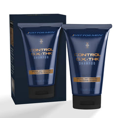 Just for Men botella frontal mostrando diseño y beneficio anticanas