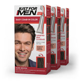 Just For Men empaque frontal del paquete de 3 mostrando el tono Dark Brown y ventaja de aplicación rápida