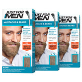 Just For Men envase frontal mostrando kit de 3 unidades y beneficio de cobertura