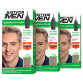 Just For Men frontal del empaque mostrando el tono sandy blond y beneficios
