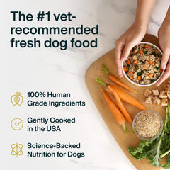 JustFoodForDogs sobre abierto listo para servir y conservar frescura
